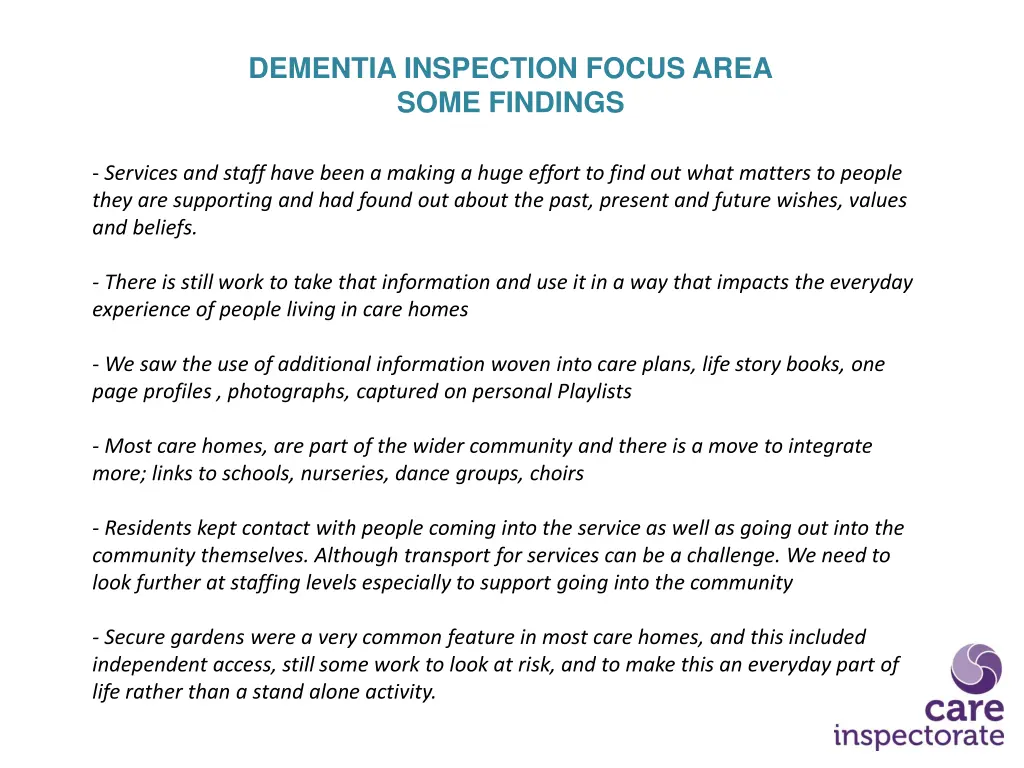 dementia inspection focus area some findings