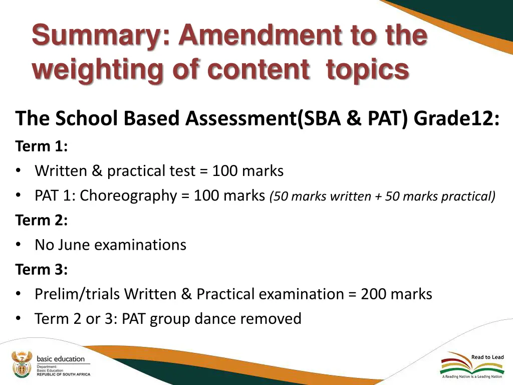 summary amendment to the weighting of content 1