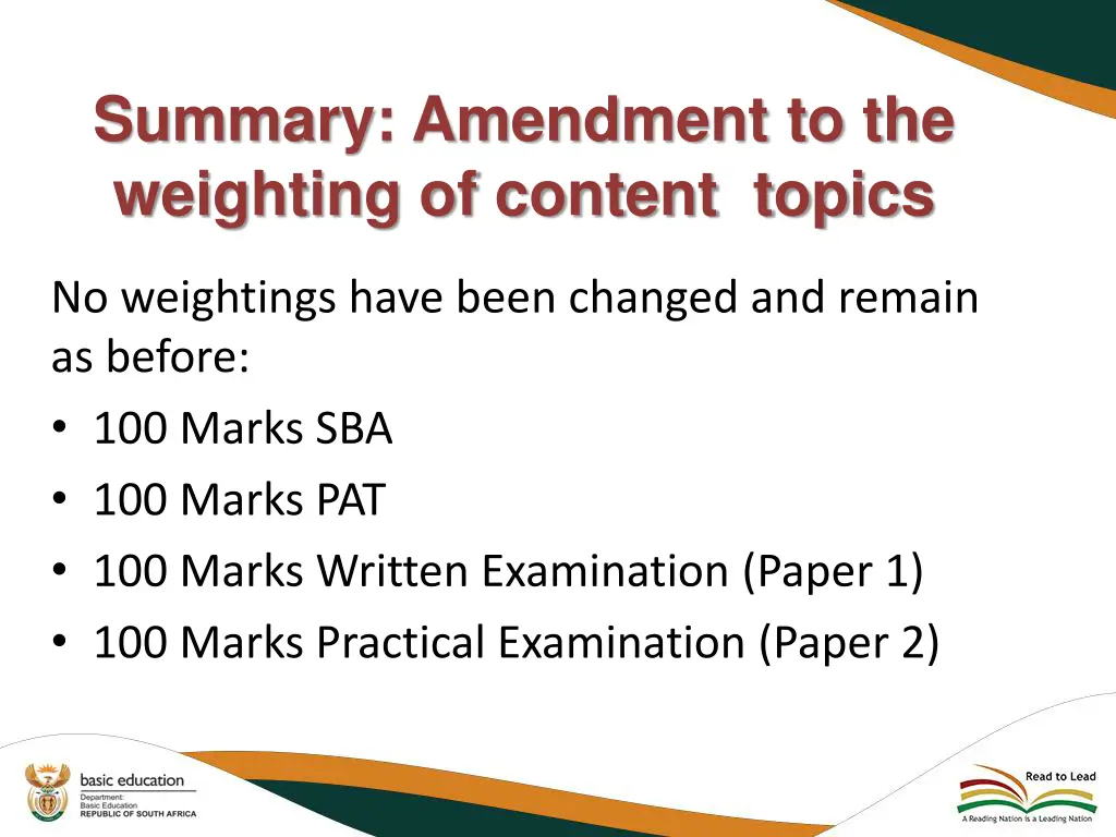 summary amendment to the weighting of content