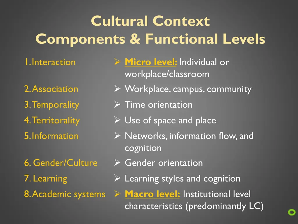 cultural context components functional levels