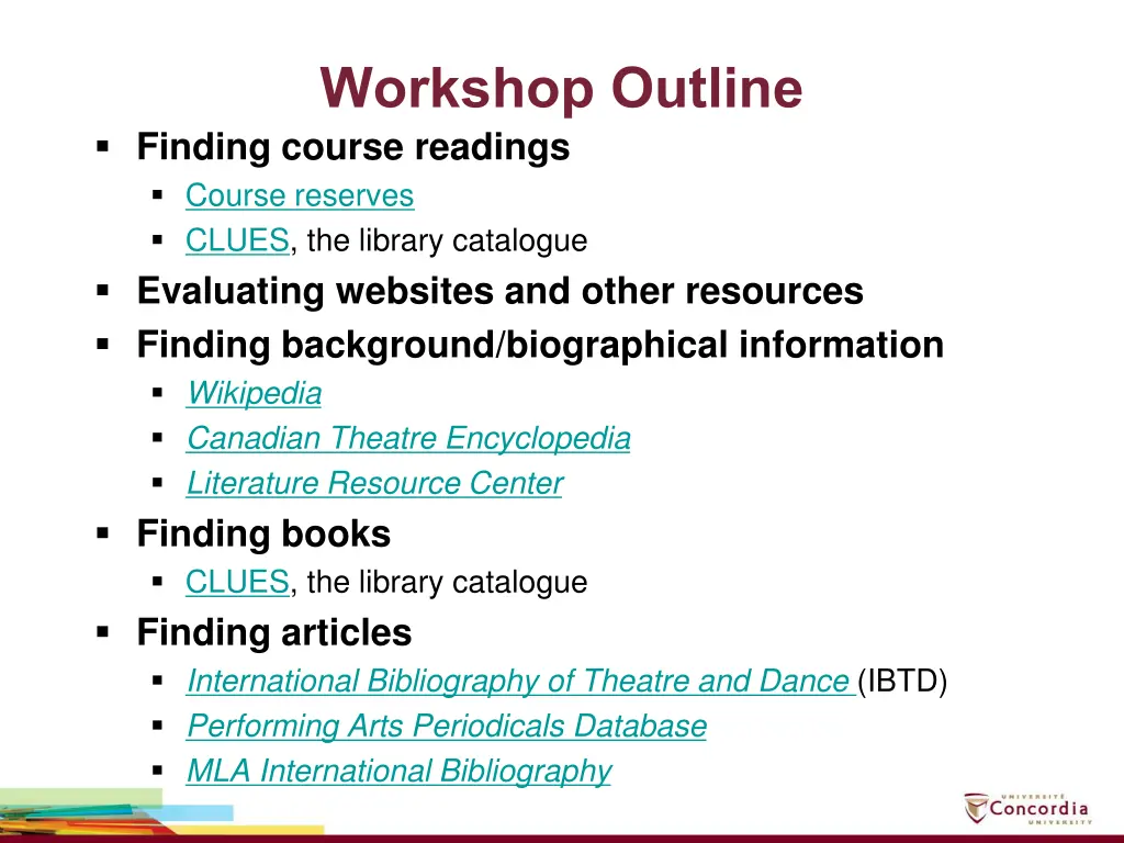 workshop outline finding course readings course