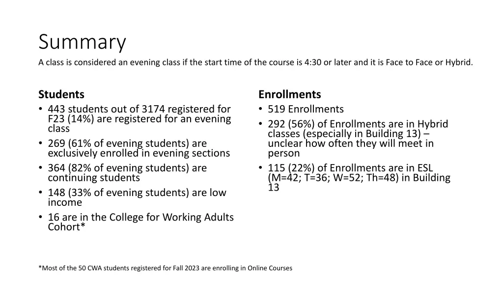 summary a class is considered an evening class