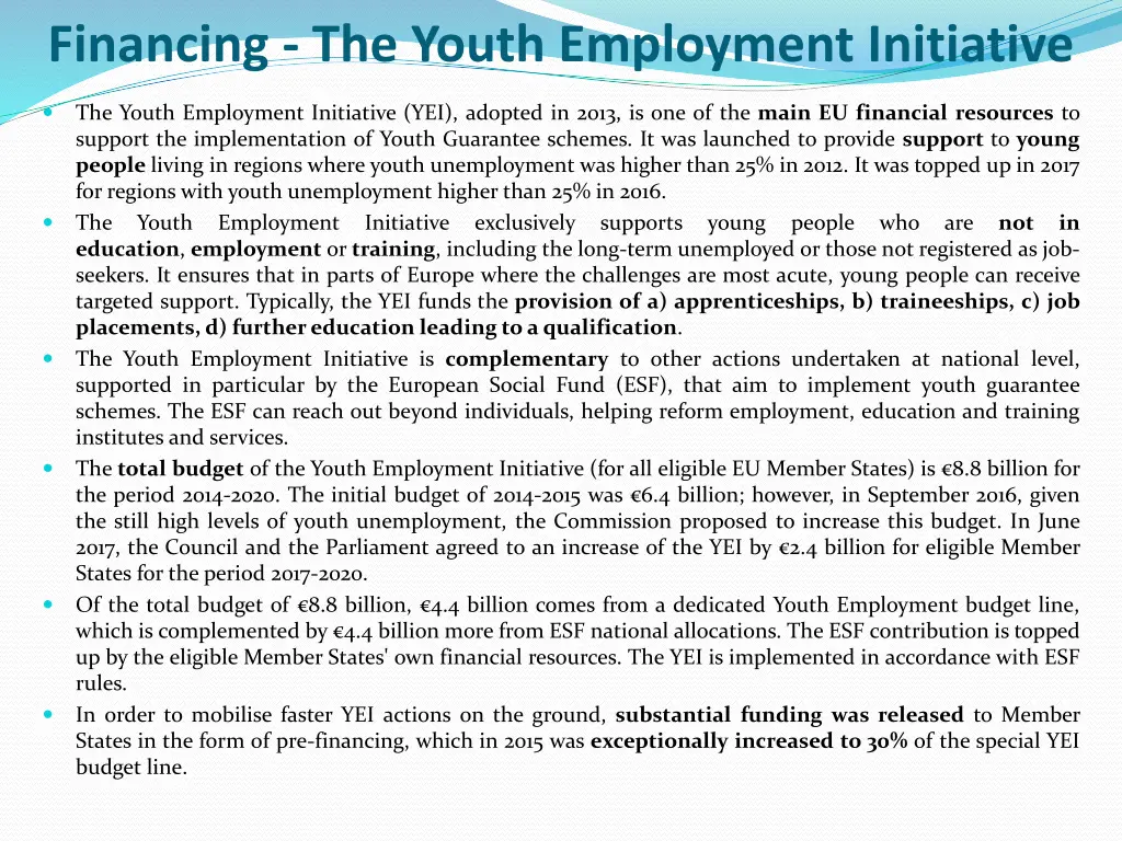 financing the youth employment initiative