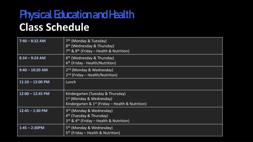 physical e ducation and h ealth class schedule