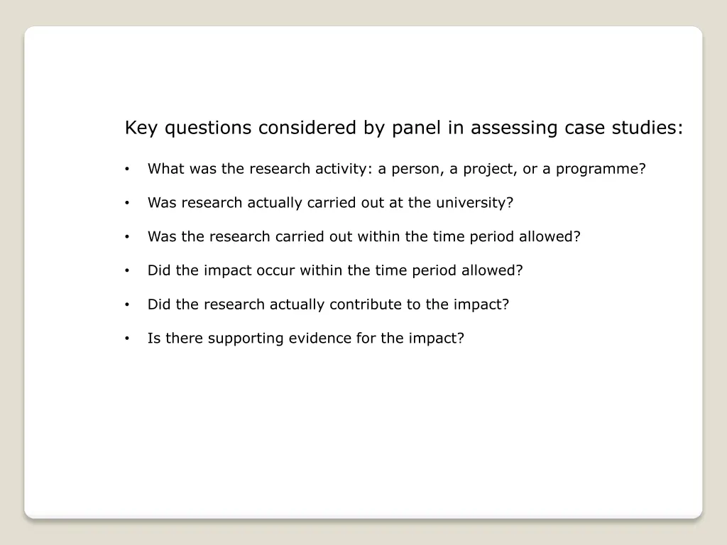 key questions considered by panel in assessing