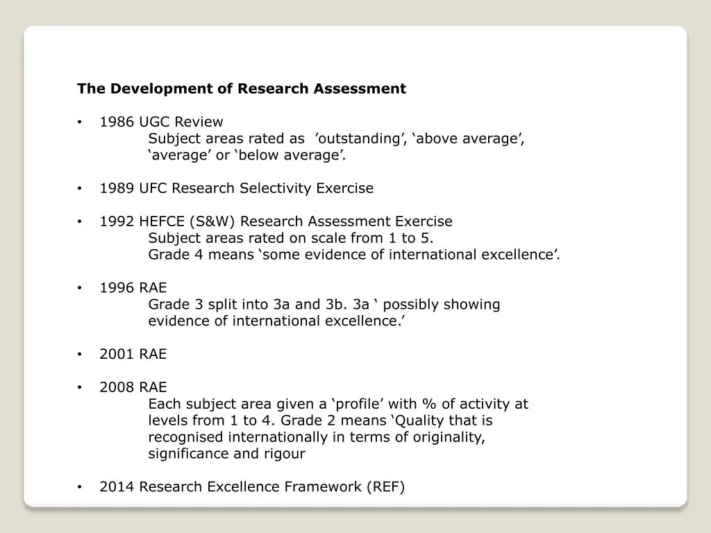 the development of research assessment