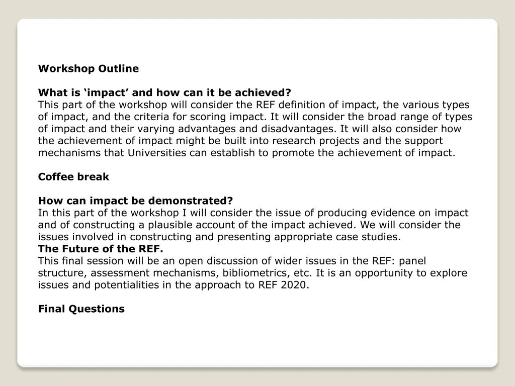 workshop outline