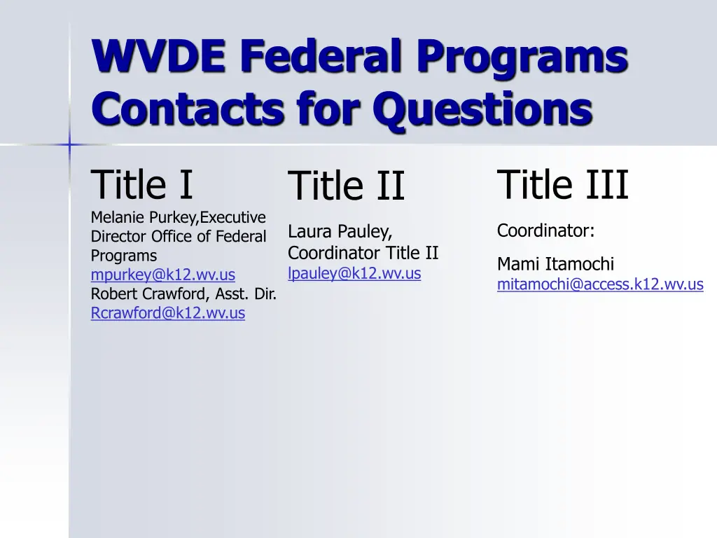 wvde federal programs contacts for questions