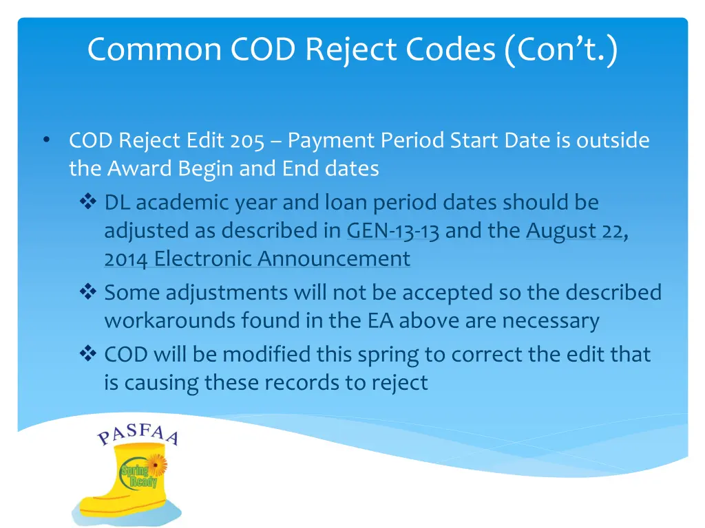 common cod reject codes con t