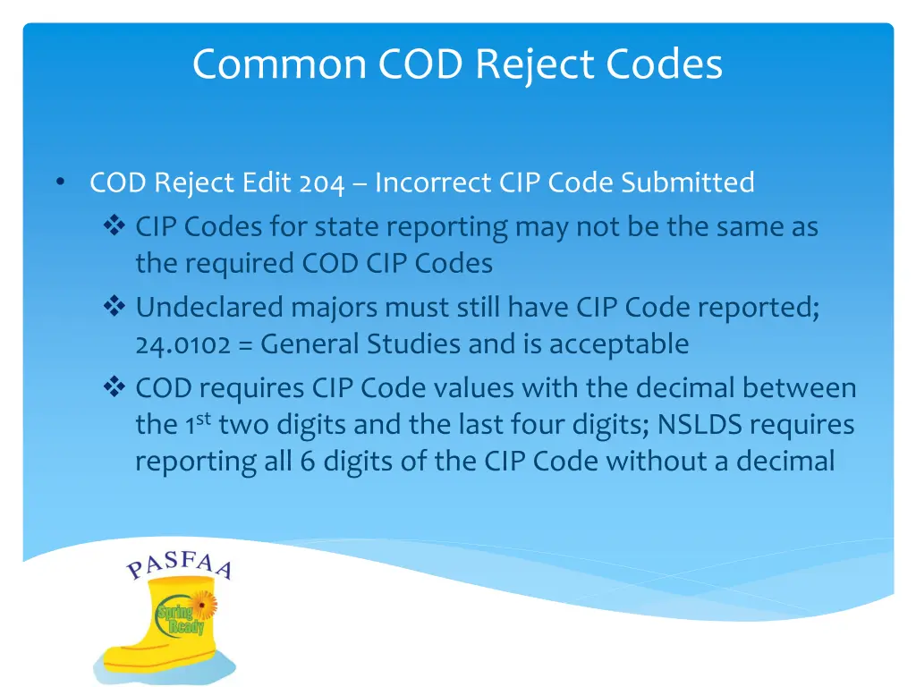 common cod reject codes