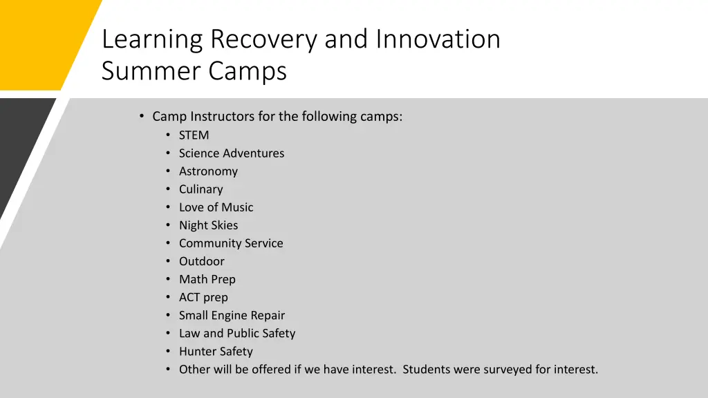 learning recovery and innovation summer camps