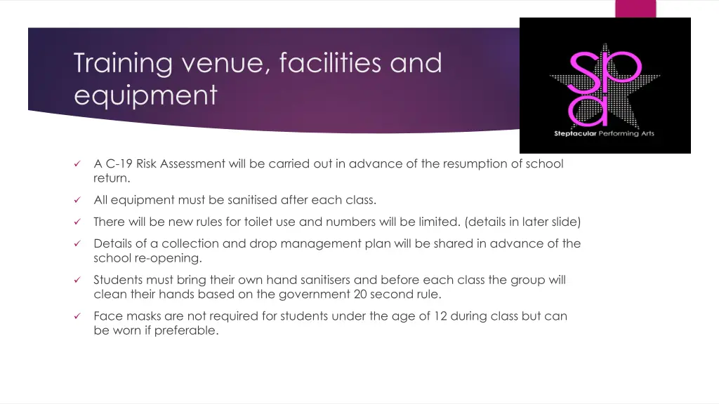 training venue facilities and equipment