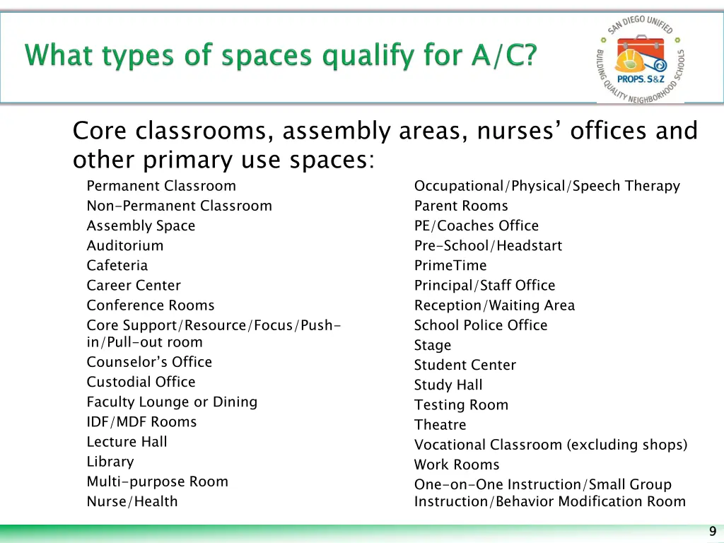 core classrooms assembly areas nurses offices