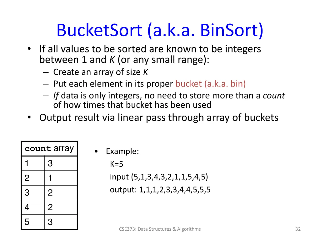bucketsort a k a binsort if all values