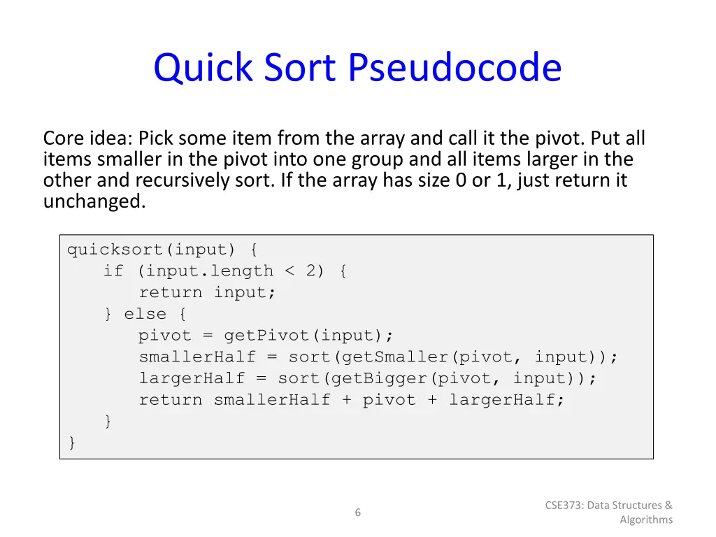 quick sort pseudocode