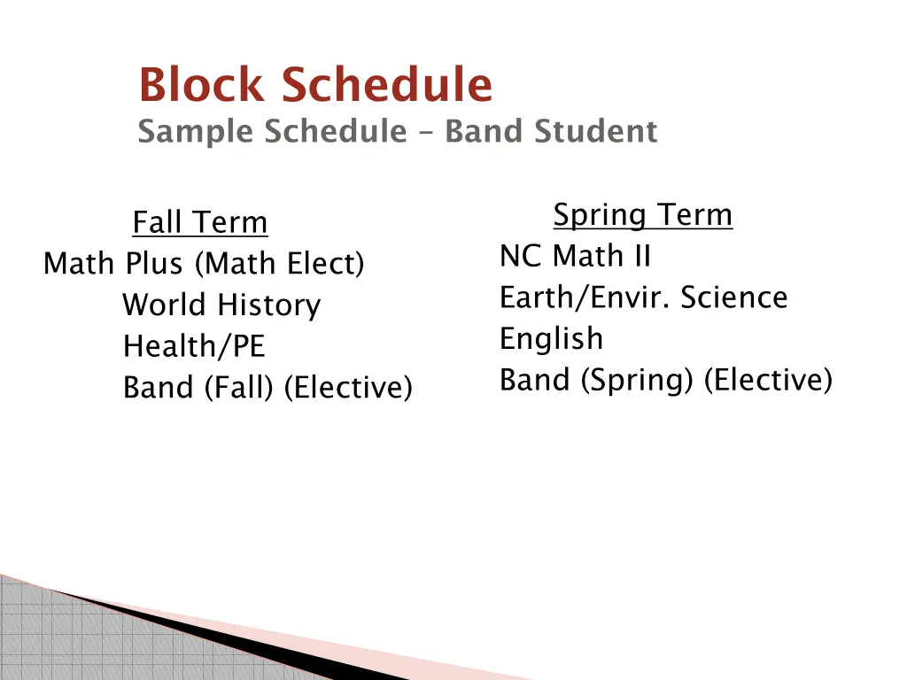 block schedule sample schedule band student