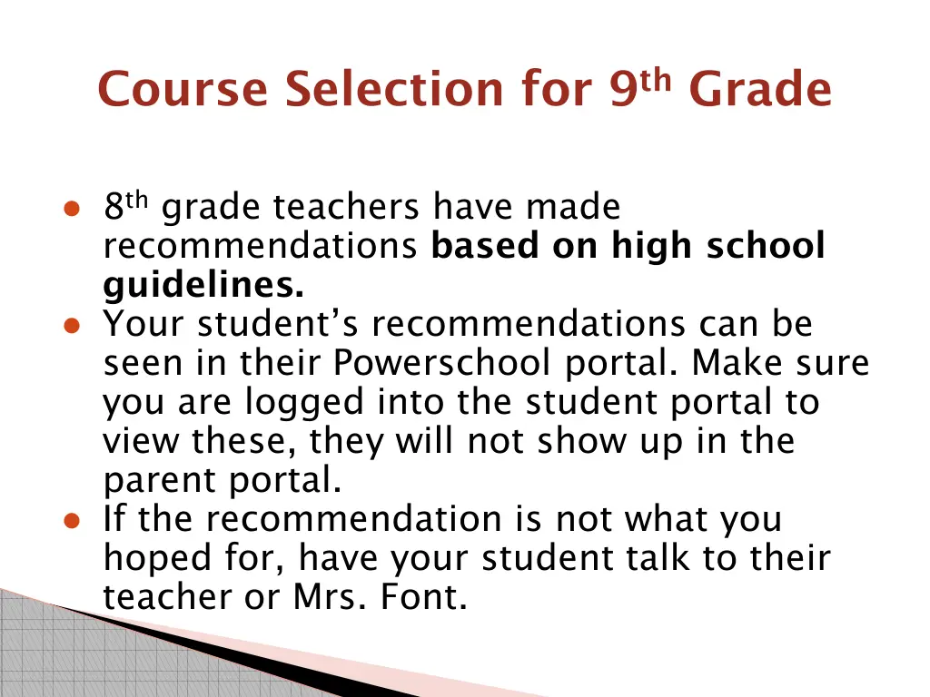 course selection for 9 th grade