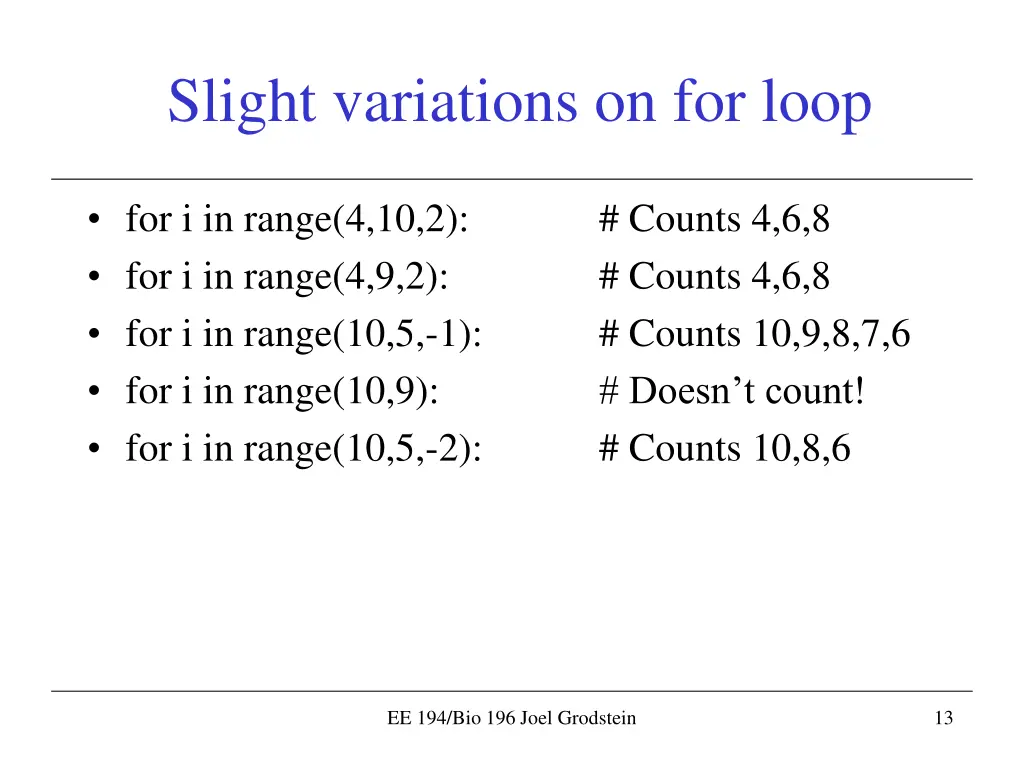slight variations on for loop