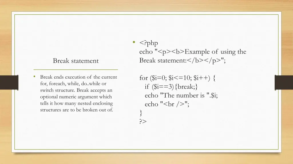 php echo p b example of using the break statement
