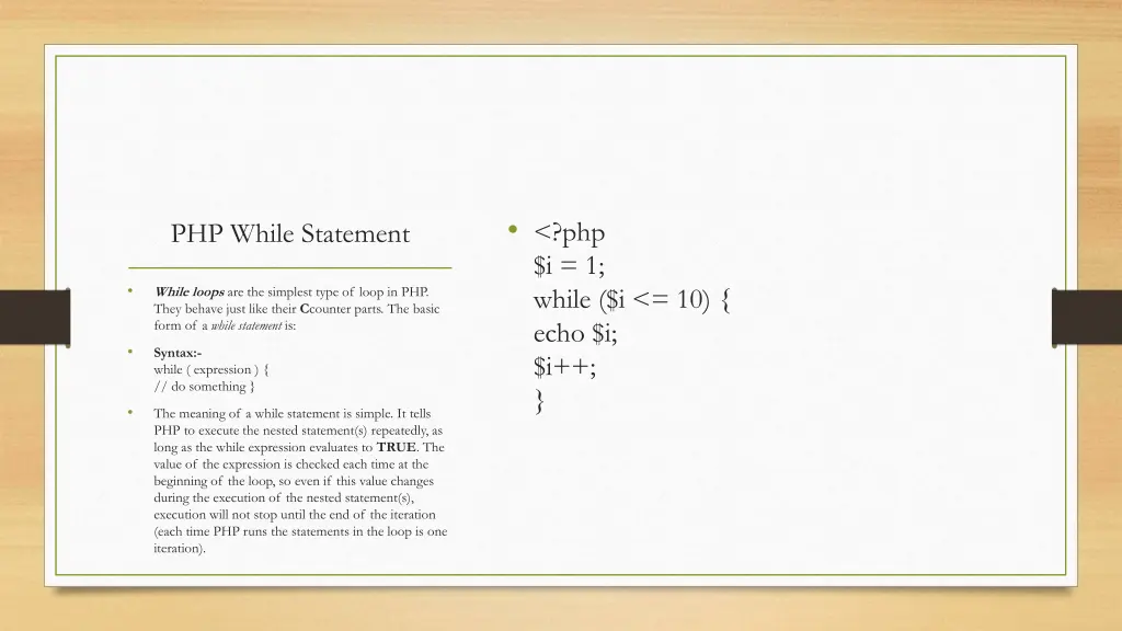 php i 1 while i 10 echo i i