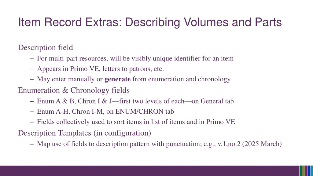 item record extras describing volumes and parts