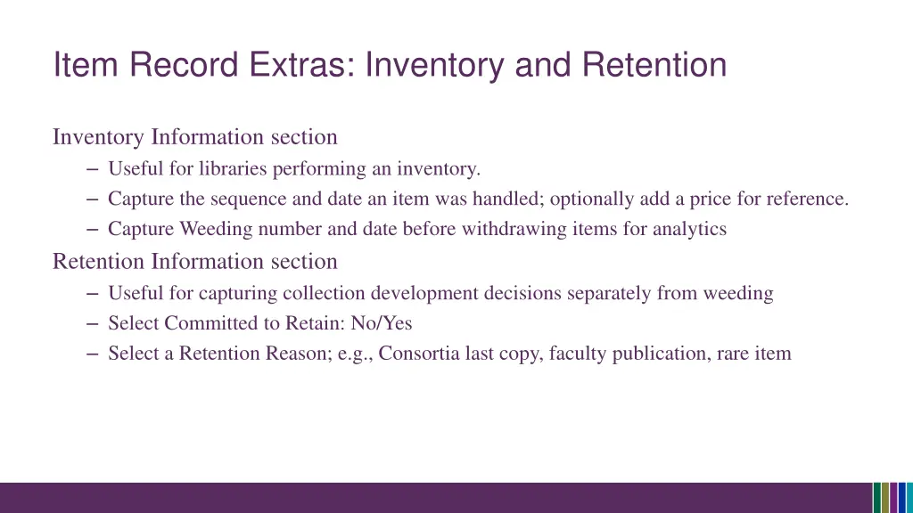 item record extras inventory and retention