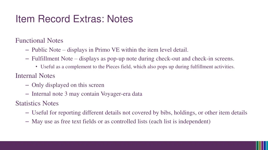 item record extras notes