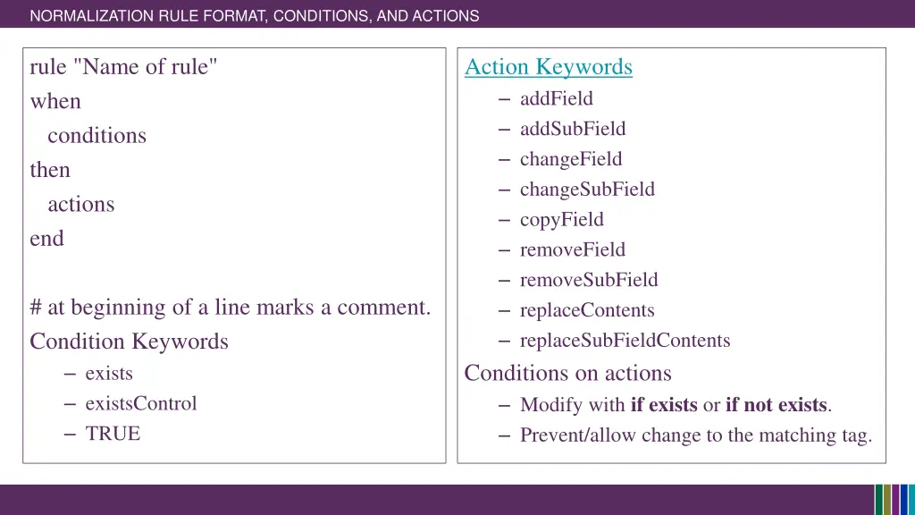 normalization rule format conditions and actions