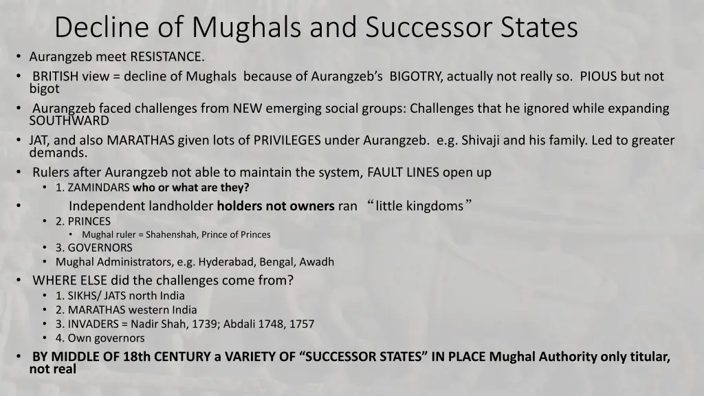 decline of mughals and successor states aurangzeb
