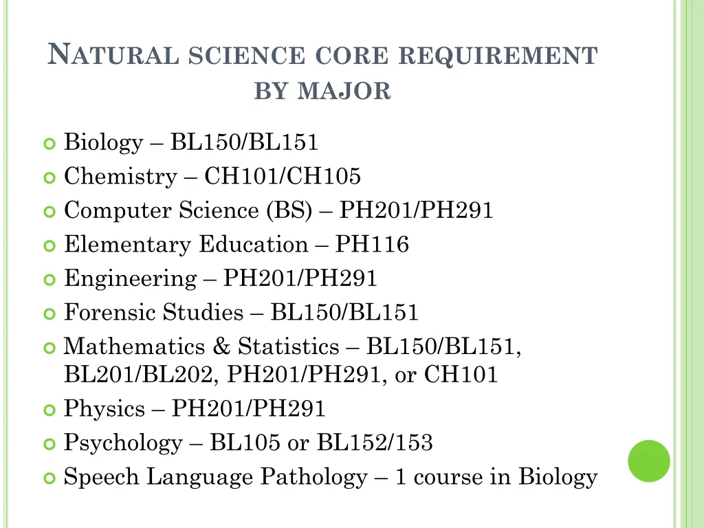 n atural science core requirement by major