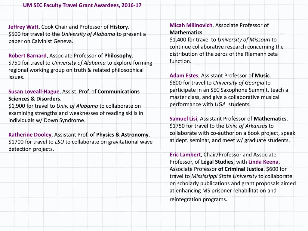 um sec faculty travel grant awardees 2016 17