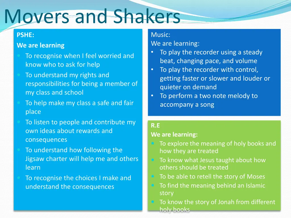 movers and shakers pshe we are learning