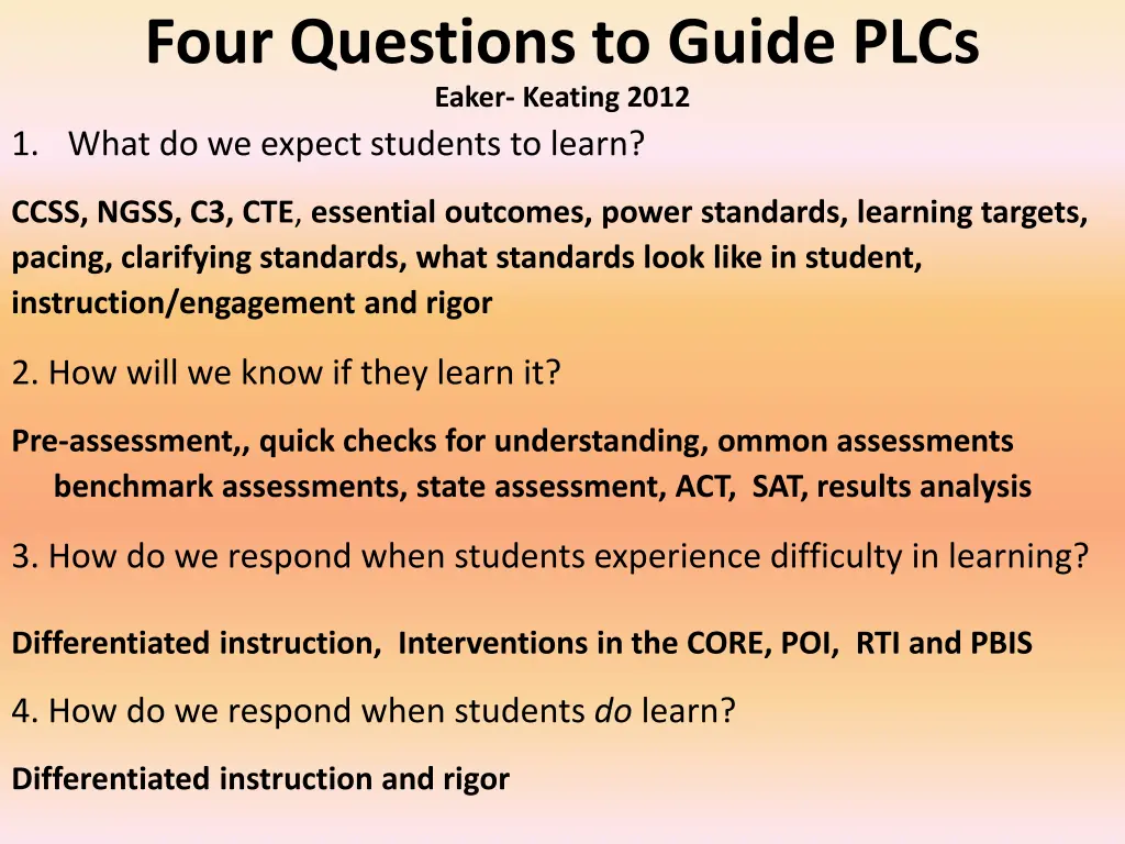 four questions to guide plcs eaker keating 2012