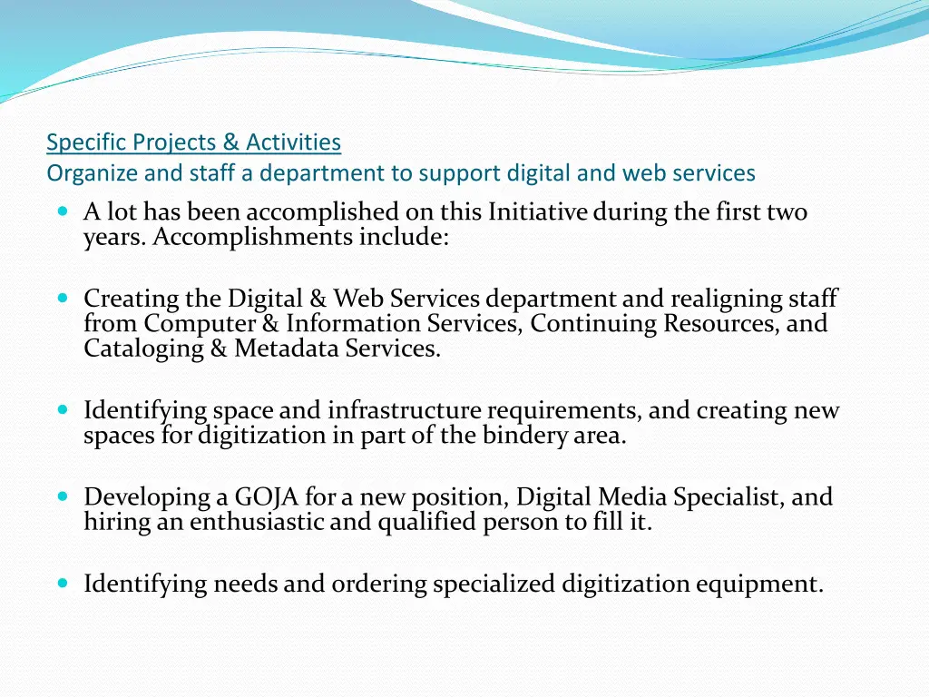 specific projects activities organize and staff