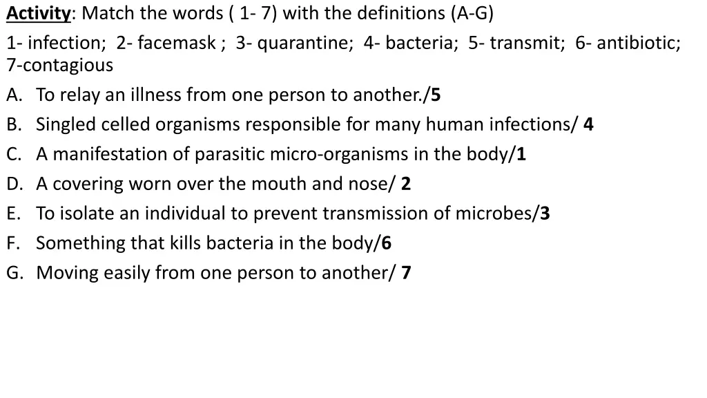 activity match the words 1 7 with the definitions 1