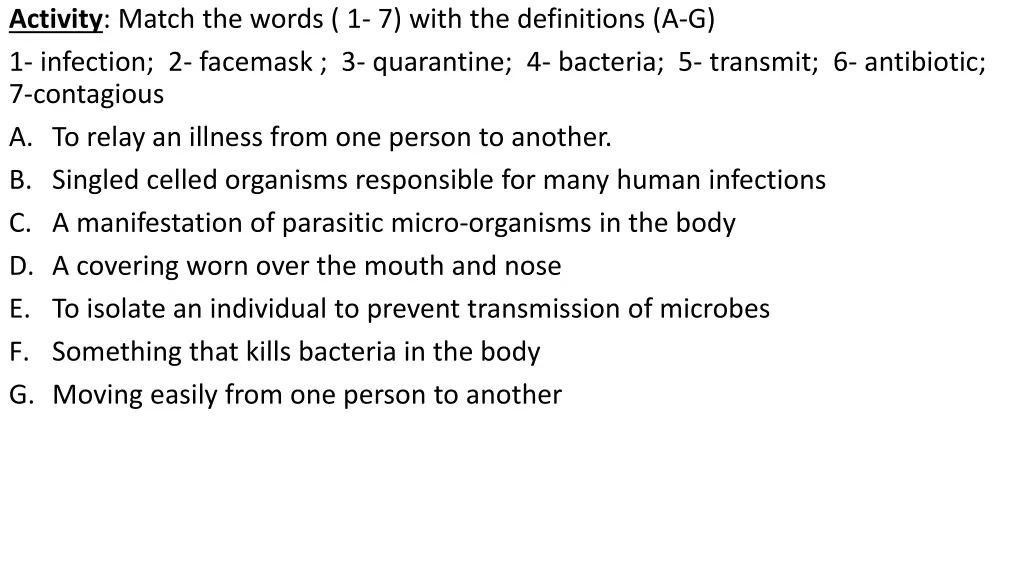 activity match the words 1 7 with the definitions