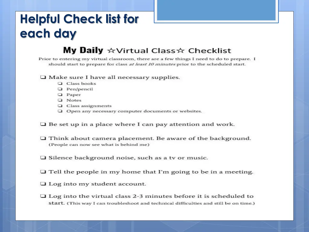 helpful check list for each day