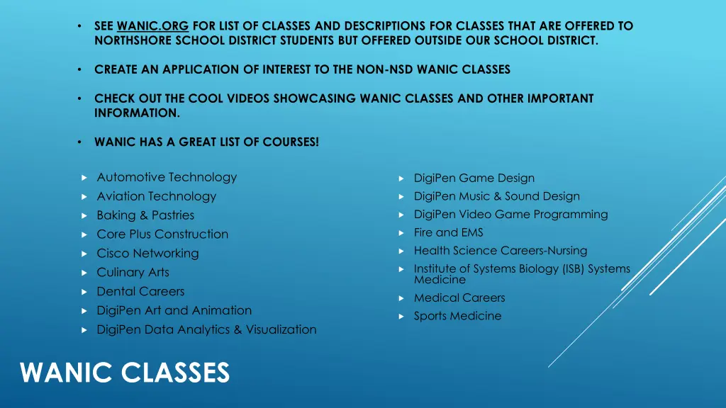 see wanic org for list of classes