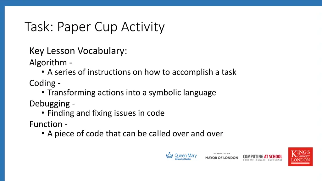 task paper cup activity