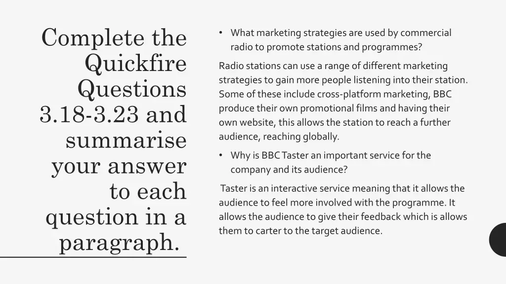 complete the quickfire questions