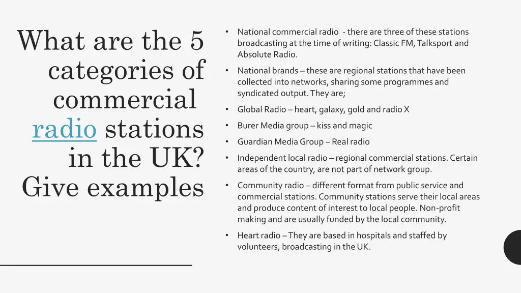 what are the 5 categories of commercial radio
