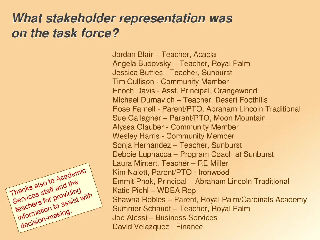 what stakeholder representation was on the task