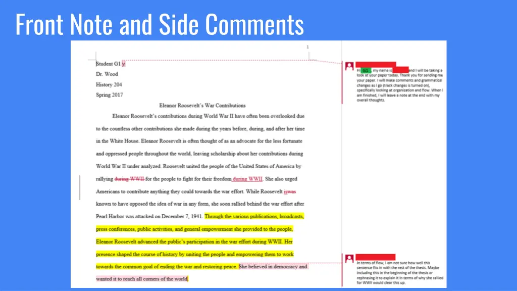 front note and side comments