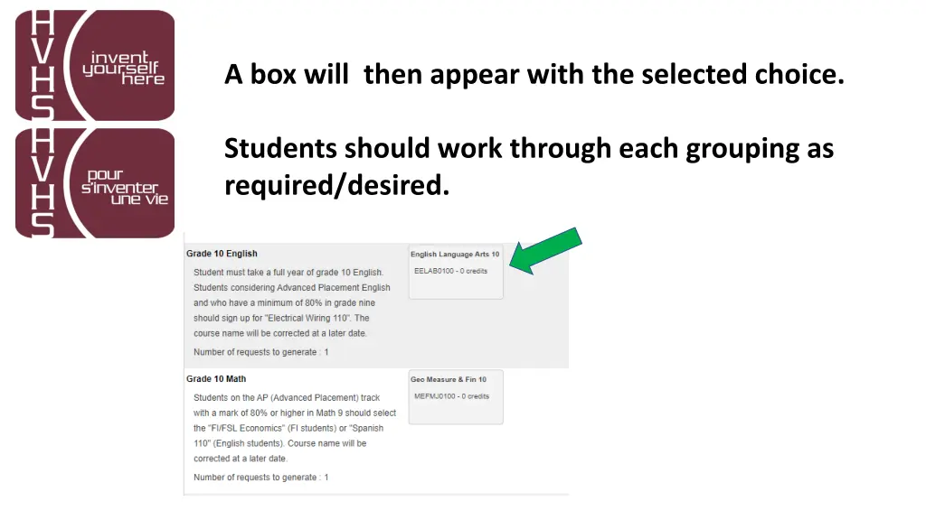 a box will then appear with the selected choice