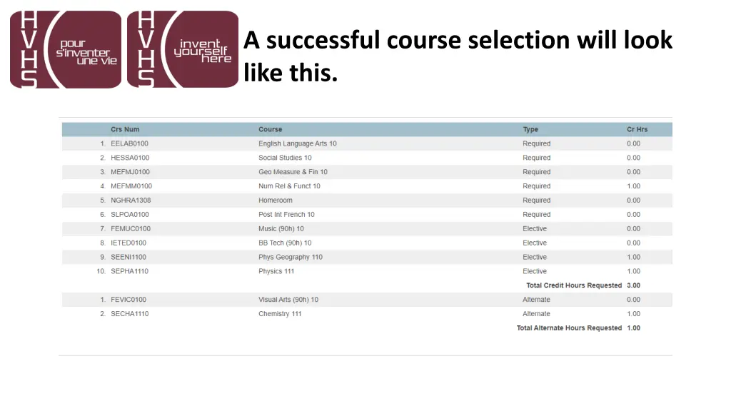 a successful course selection will look like this