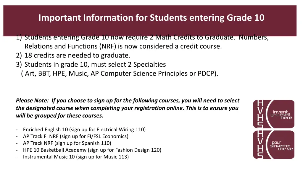 important information for students entering grade
