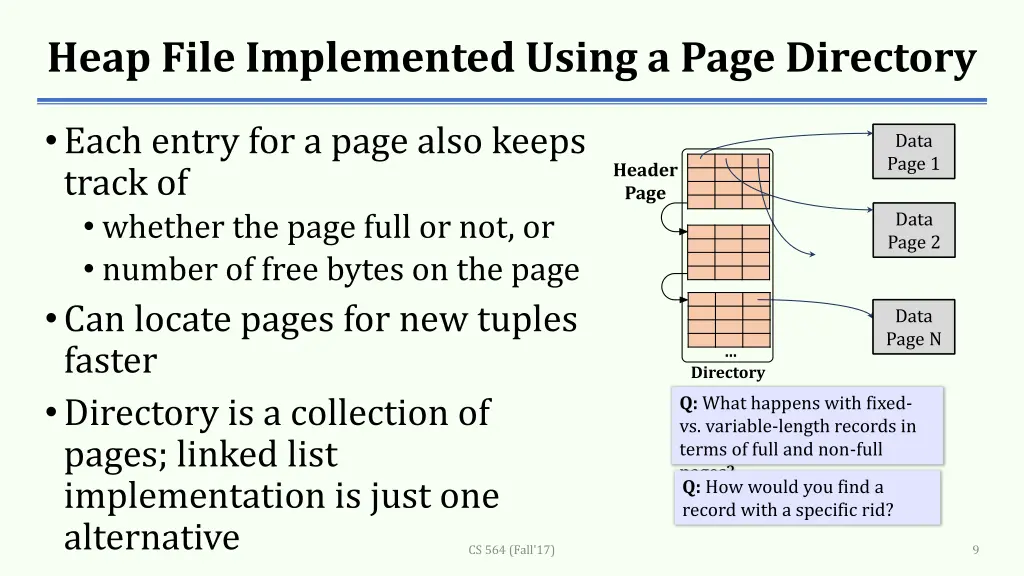 heap file implemented using a page directory