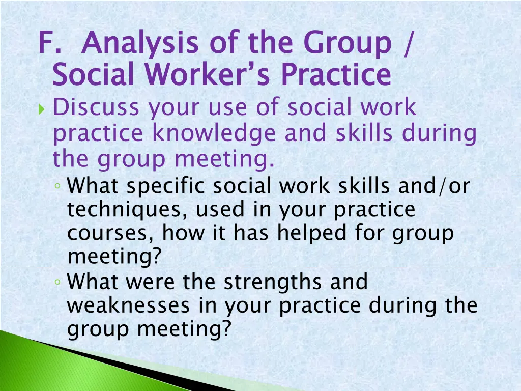 f analysis of the group social worker s practice
