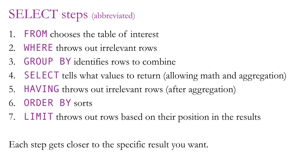 select steps abbreviated