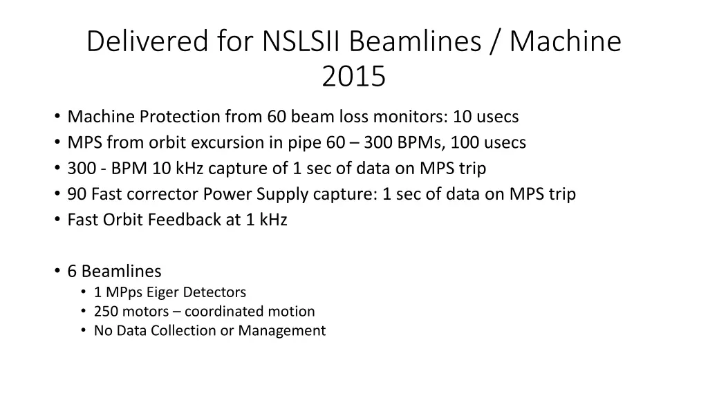 delivered for nslsii beamlines machine 2015